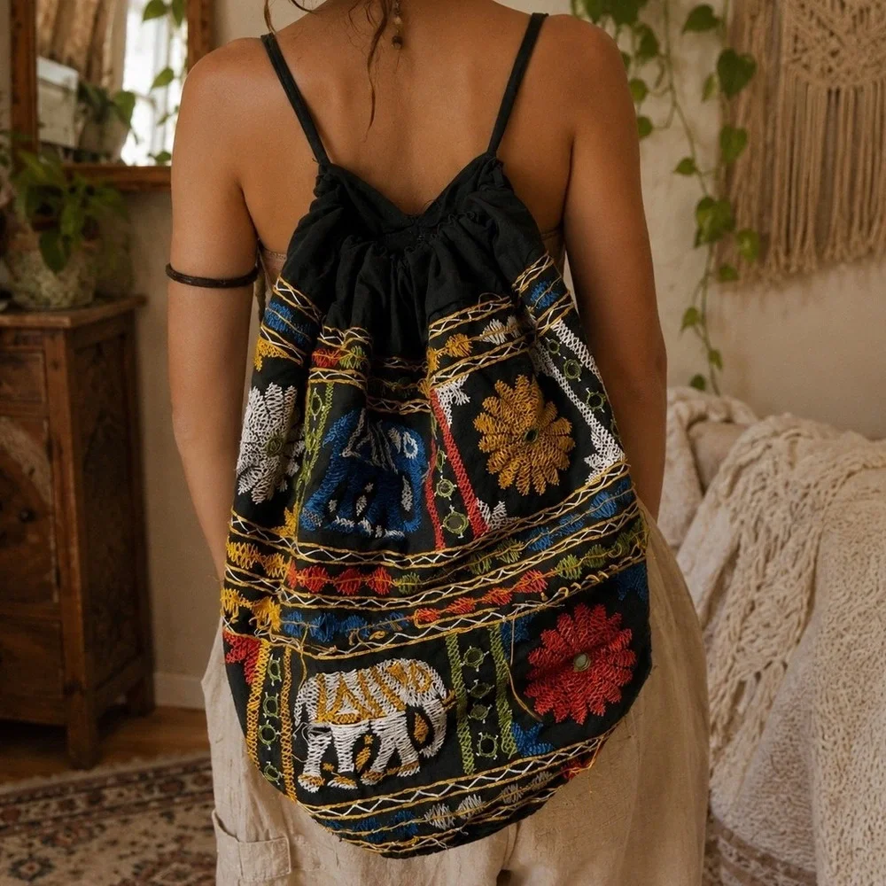 Boho Embroidered Elephant Drawstring Backpack Cotton Festival Hippie Tribal